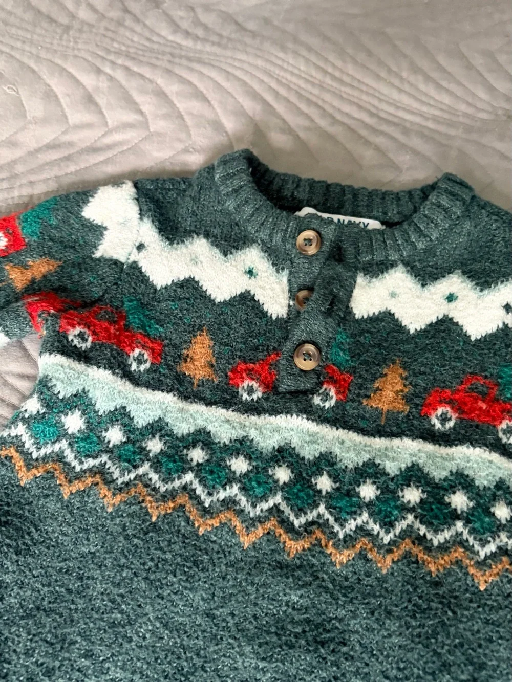 Old Navy Dark Green Knit Holiday Baby One-Piece with Red Truck Accents